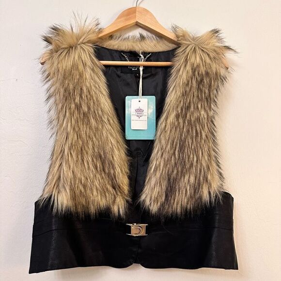 NWT LA Coalition Faux Fur Vest Buckle Closure Black Brown Large - Picture 1 of 4